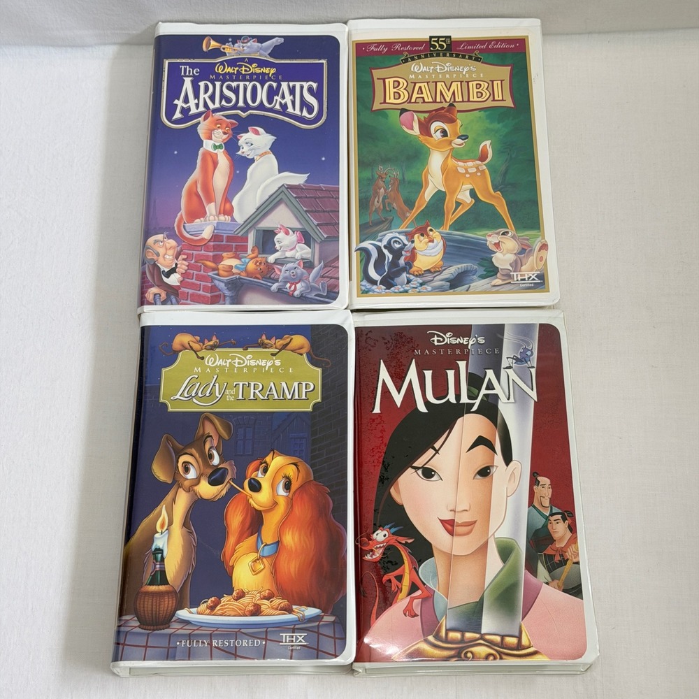 Disney VHS Lot 4 Mulan Bambi Aristocats Lady and the Tramp Masterpiece Vintage